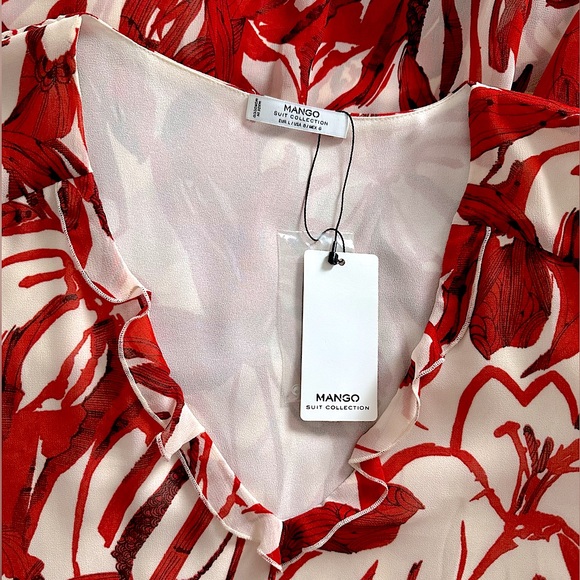 NWT Mango Suiting Red Floral V-Neck Sheer Long Sleeve Tunic Dress, Size 8 US - Picture 2 of 13